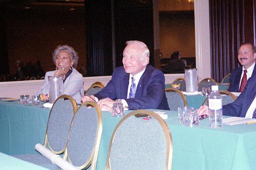 Star Trek's Nichelle Nichols and Apollo 11 Astronaut Buzz Aldrin at a special NSS presentation at the 2002 World Space Congress.