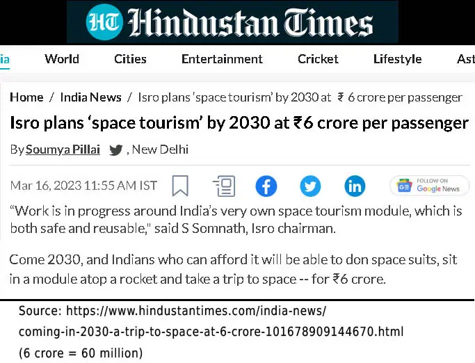 ISRO plans space tourism by 2030 headline