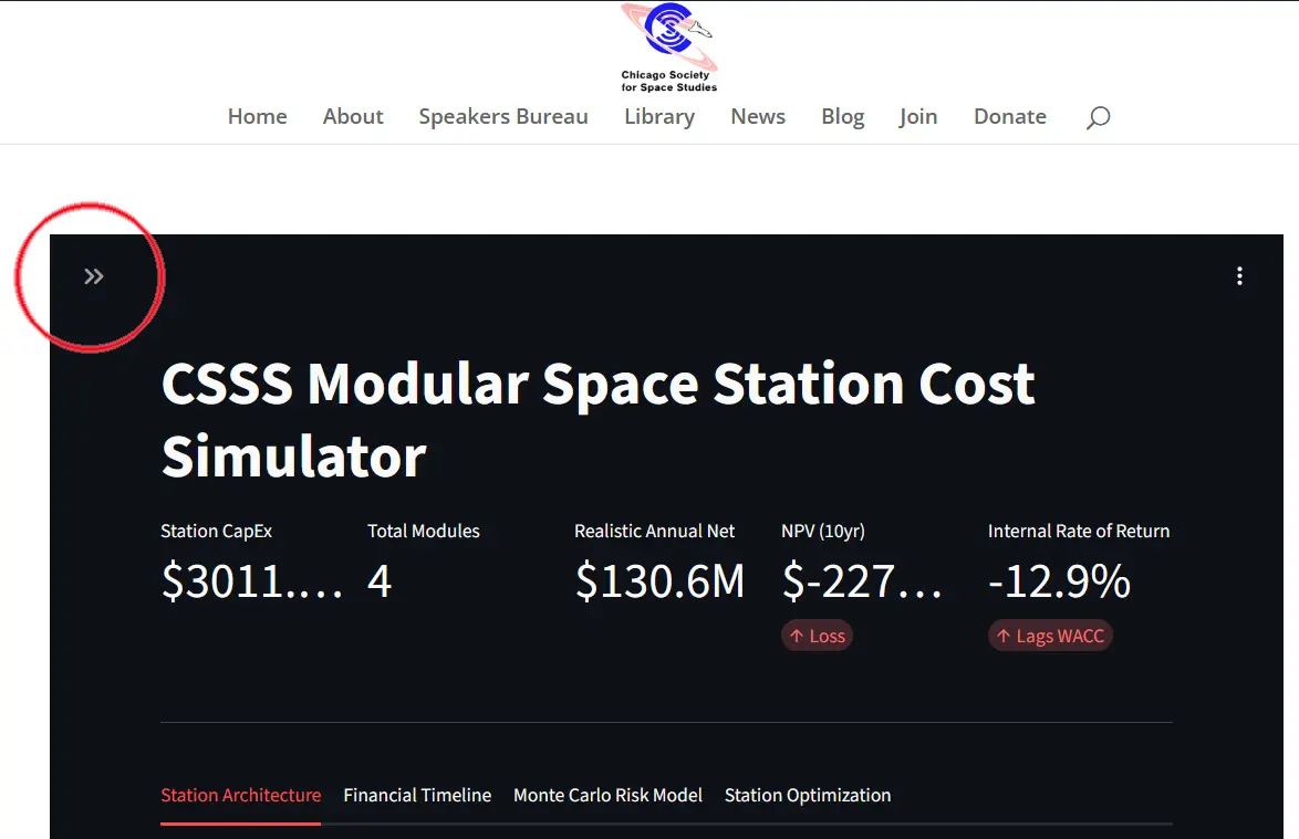 Space Station Simulator Screenshot with User Input Sidebar Collapsed