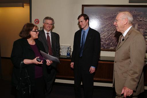 Apollo 13 astronaut Captain James Lovell (R),  NSS Executive Director George Whitesides (C), CSSS Vice President Jim Plaxco (L) before the award ceremony at the Illinois Institute of Technology - June 12, 2004.
