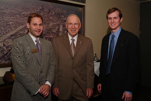 Illinois Institute of Technology's Jason Malkin (L), Apollo 13 astronaut Capt. James Lovell (C), National Space Society Executive Director George Whitesides (R) prior to Lovell receiving the NSS Heinlein Award.