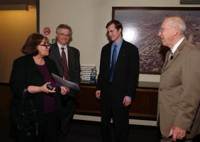 Apollo 13 astronaut Captain James Lovell (R), NSS Executive Director George Whitesides (C), CSSS Vice President Jim Plaxco (L) before the award ceremony at the Illinois Institute of Technology - June 12, 2004.