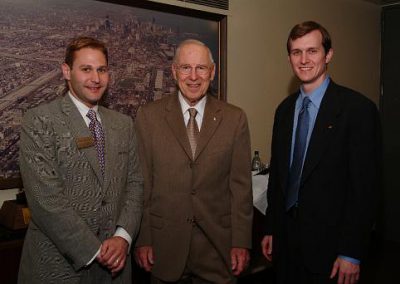 Illinois Institute of Technology's Jason Malkin (L), Apollo 13 astronaut Capt. James Lovell (C), National Space Society Executive Director George Whitesides (R) prior to Lovell receiving the NSS Heinlein Award.