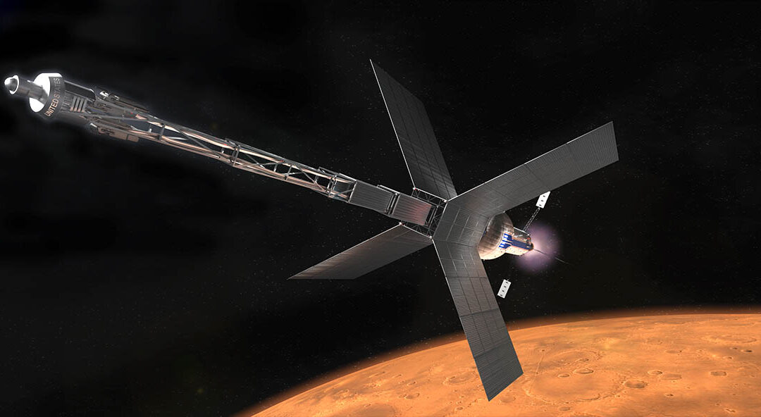 Illustration of a Mars transit habitat and nuclear propulsion system that could one day take astronauts to Mars. Credit: NASA