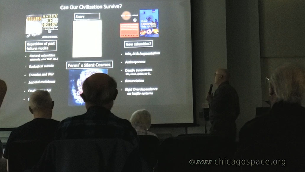Science fiction author David Brin speaking at the April 2022 meeting of the Chicago Society for Space Studies