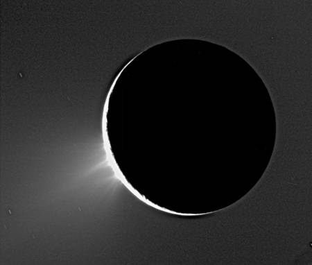 Figure 5. Cassini images Enceladus with water-ice geysers erupting