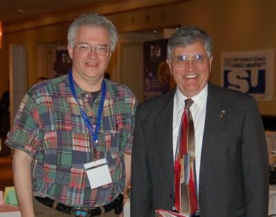 Apollo astronaut Harrison Schmitt (right) and CSSS Vice President Jim Plaxco at the 2007 International Space Development Conference